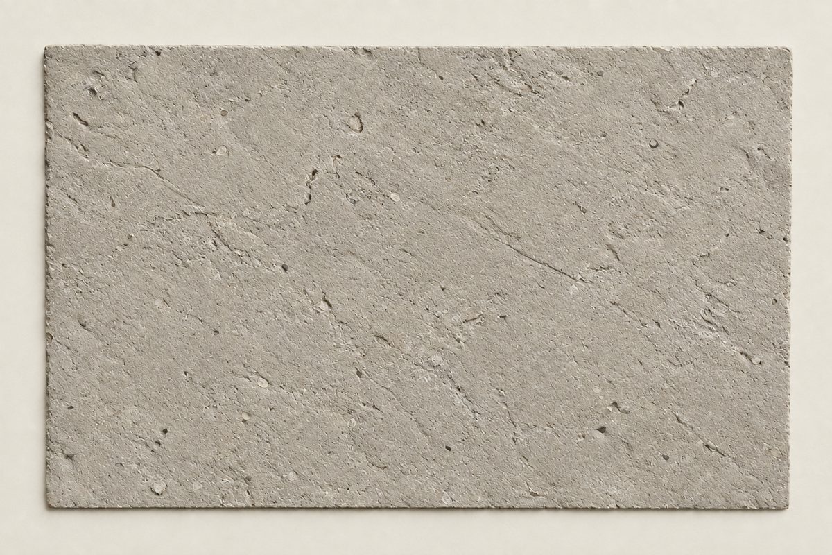 The same slab in the same position, lit by a single hard light almost parallel to its surface. Every scratch, chip and hairline crack now casts a shadow and is clearly visible.